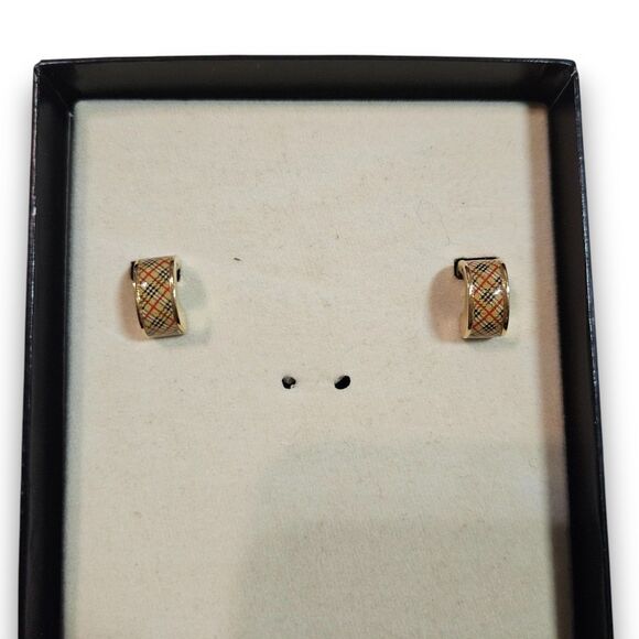 Burberry Authentic Vintage Y2K Gold & Plaid Check Huggie Clip-On Earrings w/ Box - Picture 3 of 8